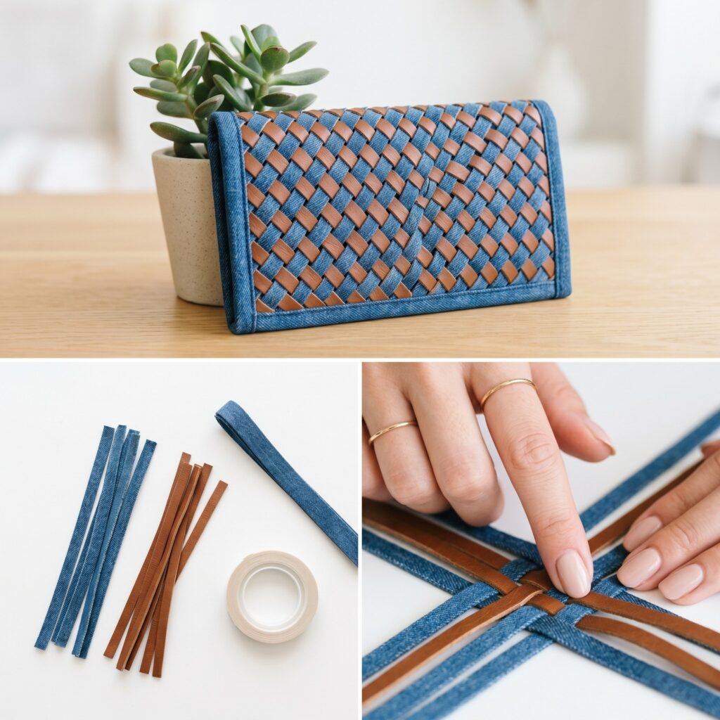 A 3-panel creative weaving tutorial showing cut denim and brown leather strips, double-sided tape, and a hand organizing the basket-weave pattern, alongside the finished luxurious woven wallet neatly framed with a denim border and leaning against a small potted succulent.