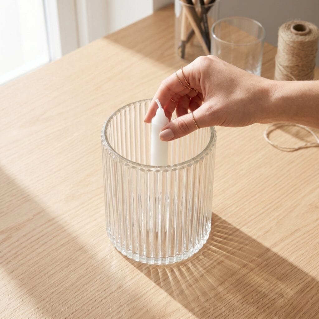 A manicured hand adjusting a white candle inside a fluted, reeded-glass vanity lantern made from an upcycled jar.