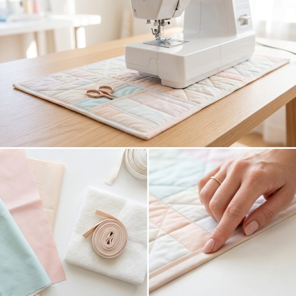 A 3-panel manufacturing grid showing large pastel fabric offcuts and bias tape, a hand smoothing the tape flat, and a finished quilted fabric mat with front pockets sitting neatly under a modern white sewing machine.