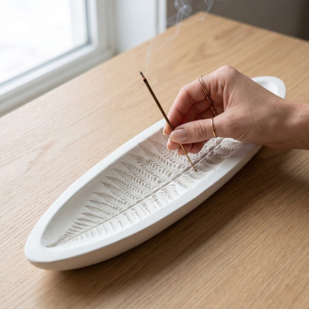 A manicured hand placing a lit incense stick into an elongated, canoe-shaped white plaster incense boat with a detailed fern leaf texture.