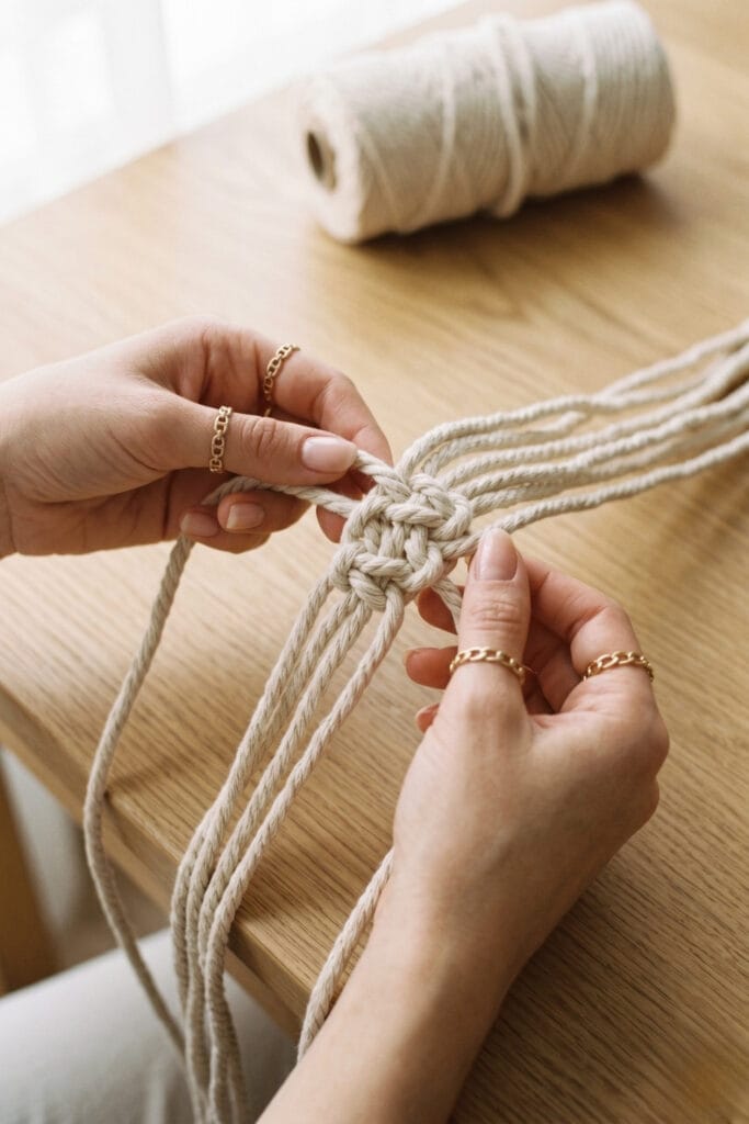 Hands tying a chunky macrame square knot for textured DIY bracelets with string.