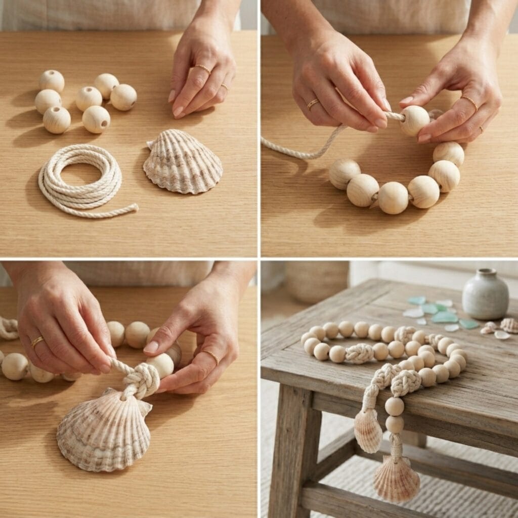 A step-by-step 2x2 photo grid tutorial showing the DIY process of making a coastal wooden bead garland with a large seashell attached to the end.
