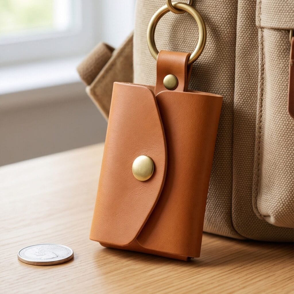 A 5cm mini saddle pouch with a brass snap fastener and burnished edges.