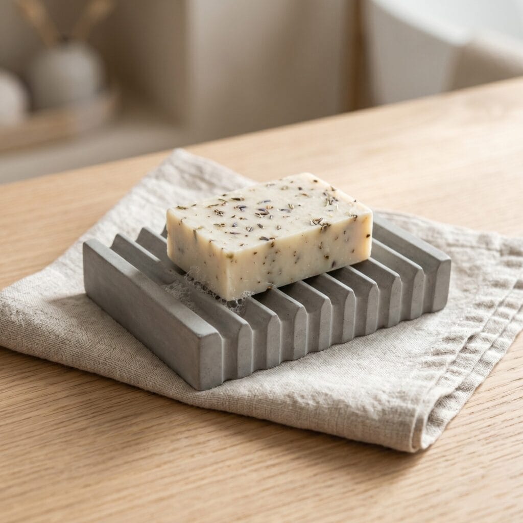 A single perfectly square photo of a finished brutalist grey cement soap dish featuring deep fluted ridges. It rests elegantly on a folded piece of raw, organic linen cloth beside an oak wood table. A bar of artisanal botanical soap sits on the dish. Soft spa lighting.