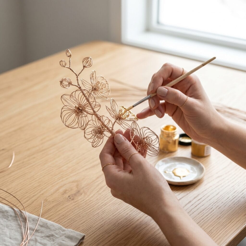 Gold plated wire orchid sculptures bringing luxury to wire flower crafts