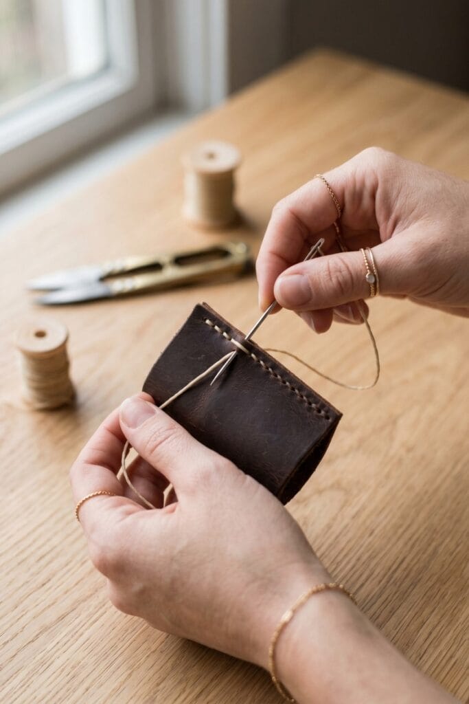 Female artisan hands stitching a dark leather cable wrap for functional Father's Day crafts.