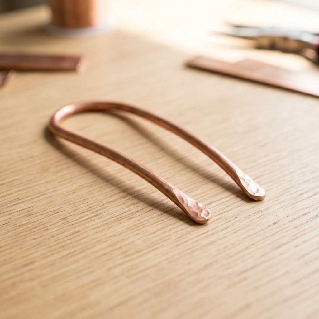 A perfectly square photo of a thick, U-shaped raw copper hair pin with slightly hammered rounded ends, resting on a light oak wood table. Soft, natural diffused lighting. High-end artisan aesthetic.