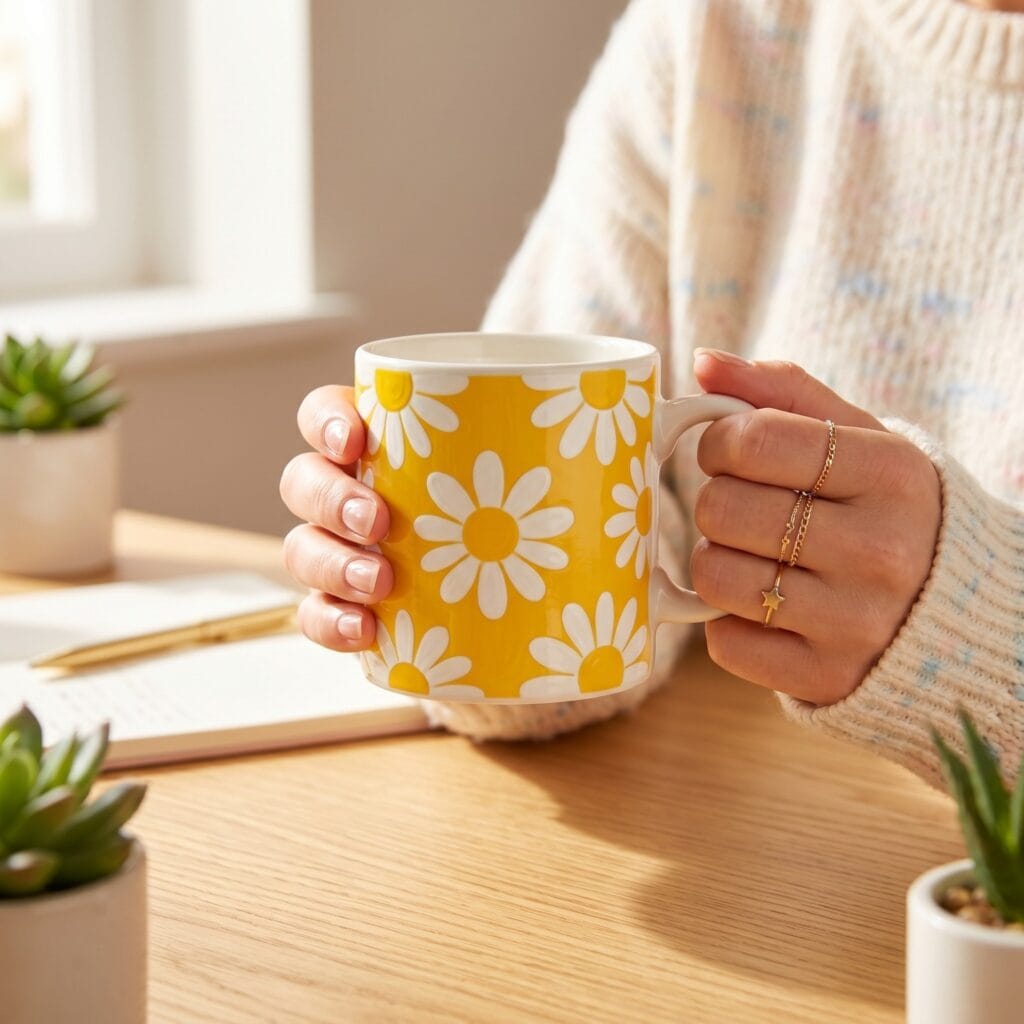A cheerful white ceramic mug hand painted with a vibrant retro 70s pattern featuring bold yellow centers and thick opaque white daisy petals