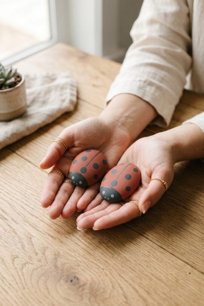 Female artisan hands holding a pair of finished smooth river stones painted in muted terracotta and dark grey to look like minimalist ladybugs for spring daycare crafts.
