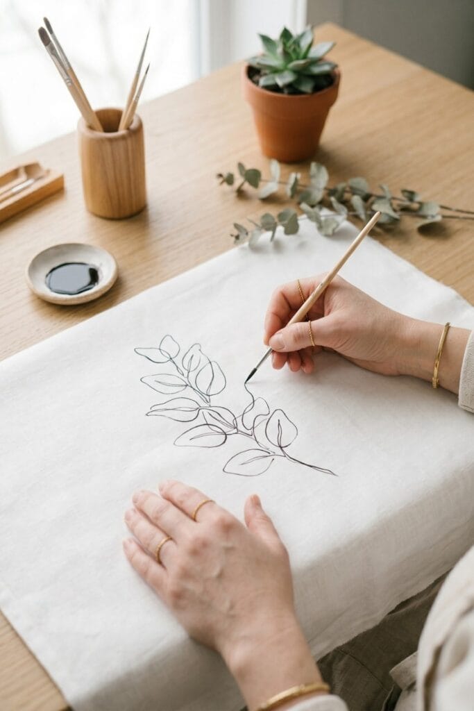 Female artisan hands with gold chain rings drawing a continuous black ink leaf line on white linen for an easy painting for beginners botanical project.