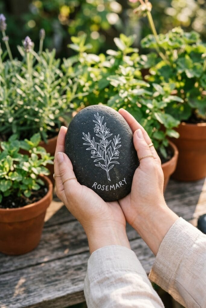 Female artisan hands holding a finished dark, smooth river stone featuring an elegant, single-line white botanical drawing.