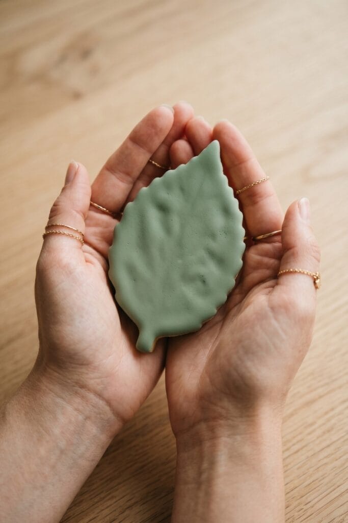 Close-up of female artisan hands holding a completed DIY squishy ideas botanical leaf shape made from a sponge covered in matte sage green puffy paint skin, showcasing its flexible texture.