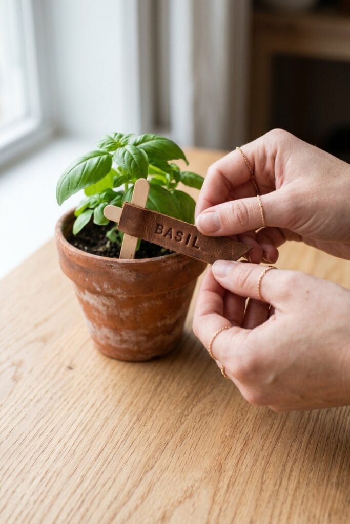 Female artisan hands placing a finished scrap leather plant tag stamped with the word Basil into a potted terracotta plant.