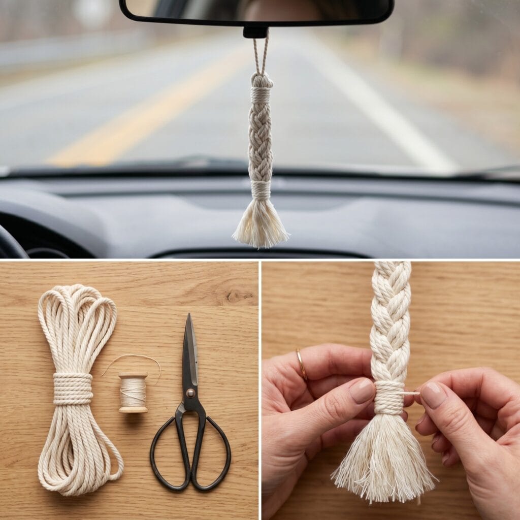 A 3-panel tutorial showing how to make braided cotton cord DIY car charms, from raw cream rope and embroidery thread to a hand-woven chunky braid ending in a fluffy tassel.