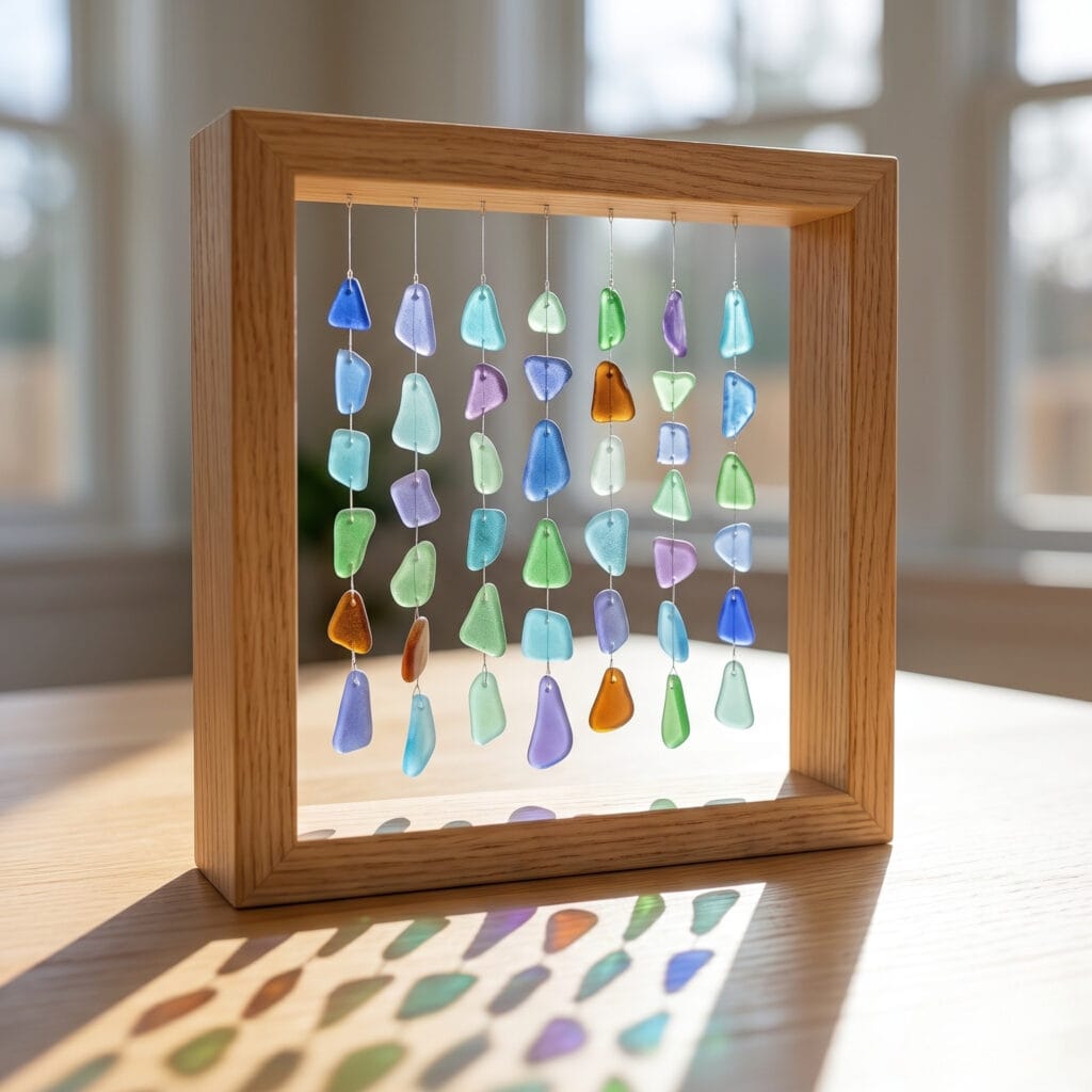 An open square wooden frame serving as a wind chime, with colorful strands of sea glass hanging loosely inside to catch the sun and wind.