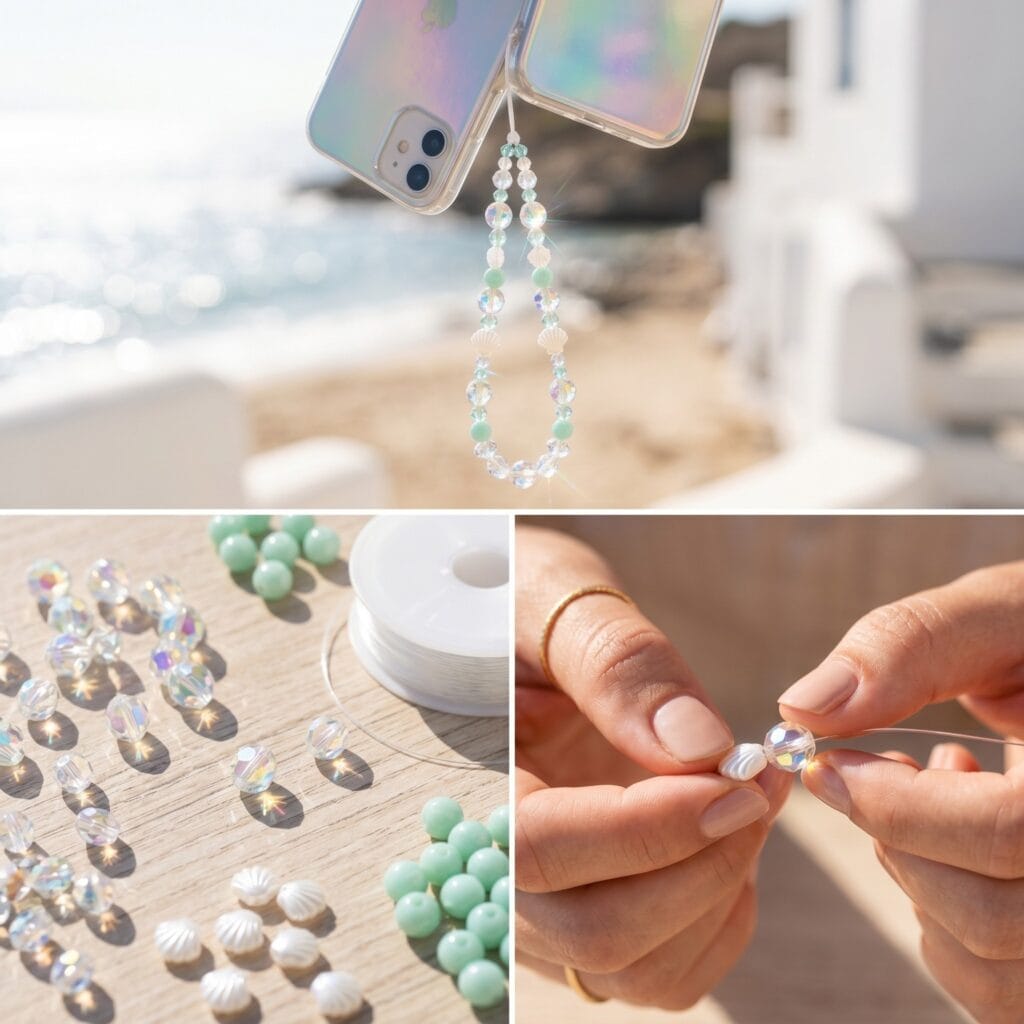 A 3-panel magical DIY collage showing reflective aurora borealis crystal beads and tiny white shell accents being threaded on a string to create a shimmering pastel ocean-themed phone charm.