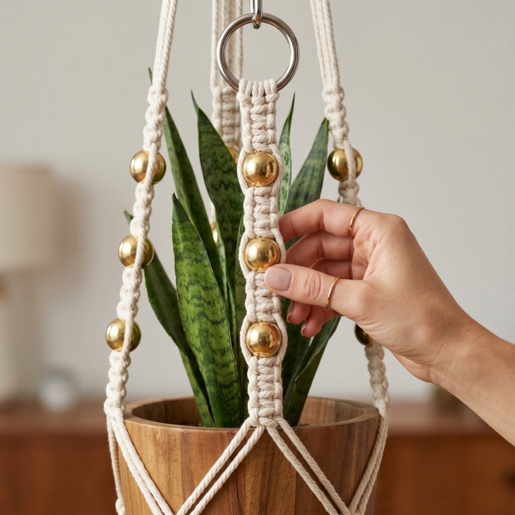 A 3D vintage cream macrame plant hanger with four vertical straps decorated with shiny brass beads, securely wrapping under a wooden bucket holding a snake plant.