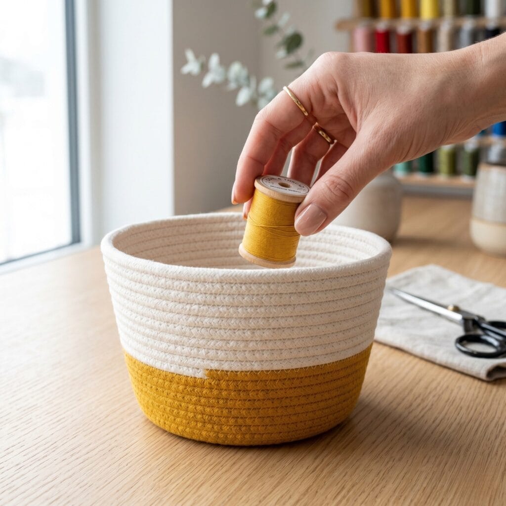 A coiled cotton rope storage basket featuring a vibrant mustard yellow wrapped thread base on a studio desk.