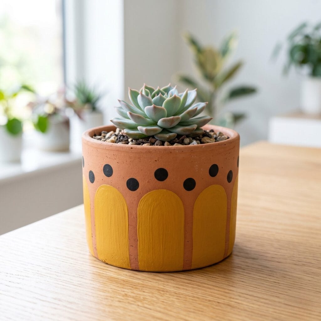 A geometric hand painted terracotta pot showing a raw clay base with large mustard yellow rounded arches and single black dots.