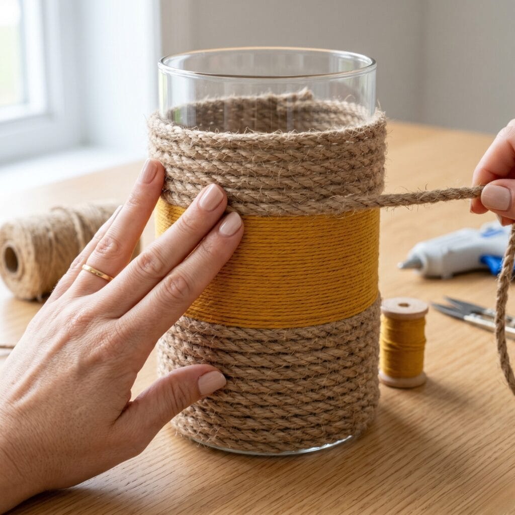 A modern glass cylinder vase wrapped in textured natural jute rope with a vibrant mustard yellow color block center.