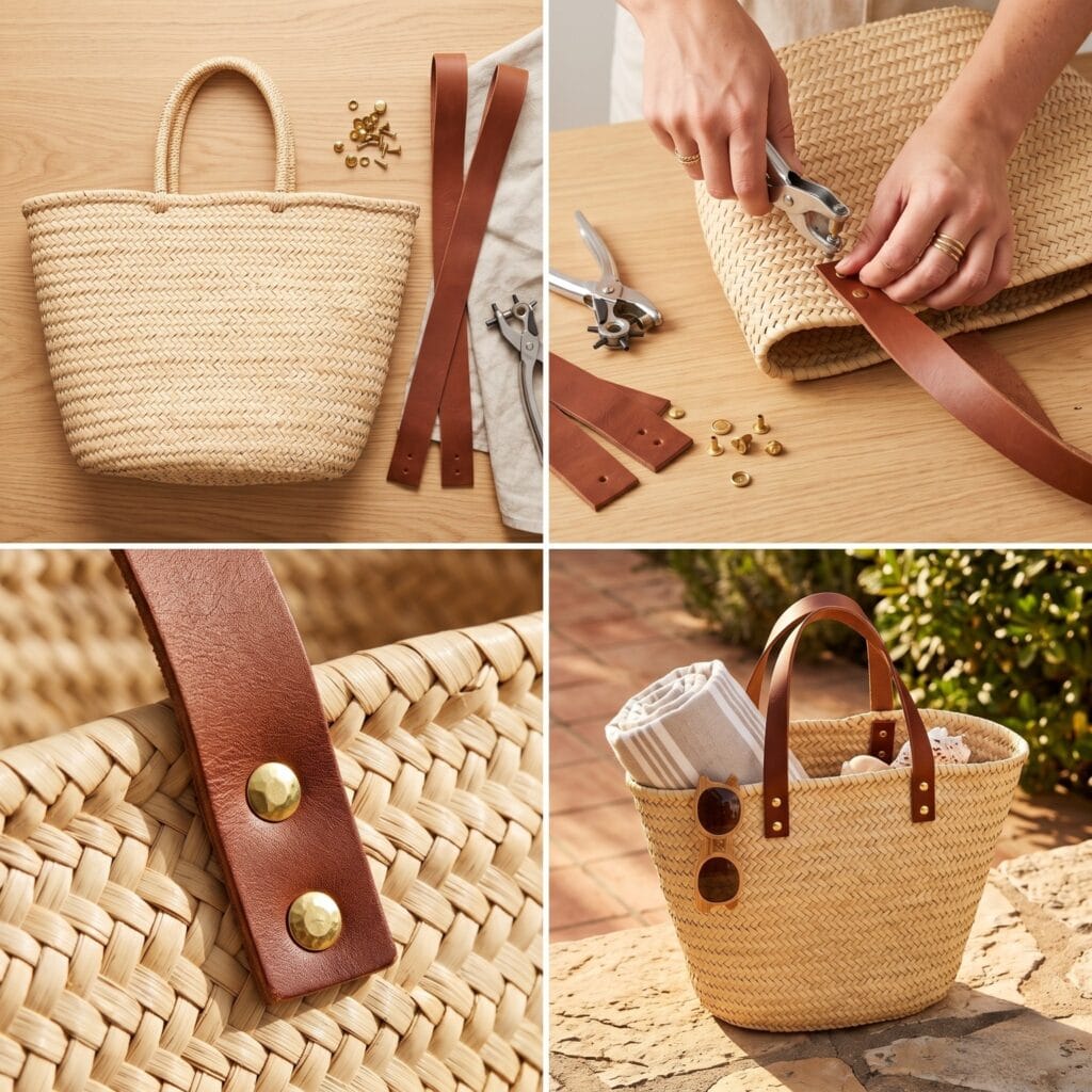 A perfectly square 1:1 photo grid tutorial showing the step-by-step DIY process of attaching raw scrap leather straps to a woven beach bag using brass rivets.