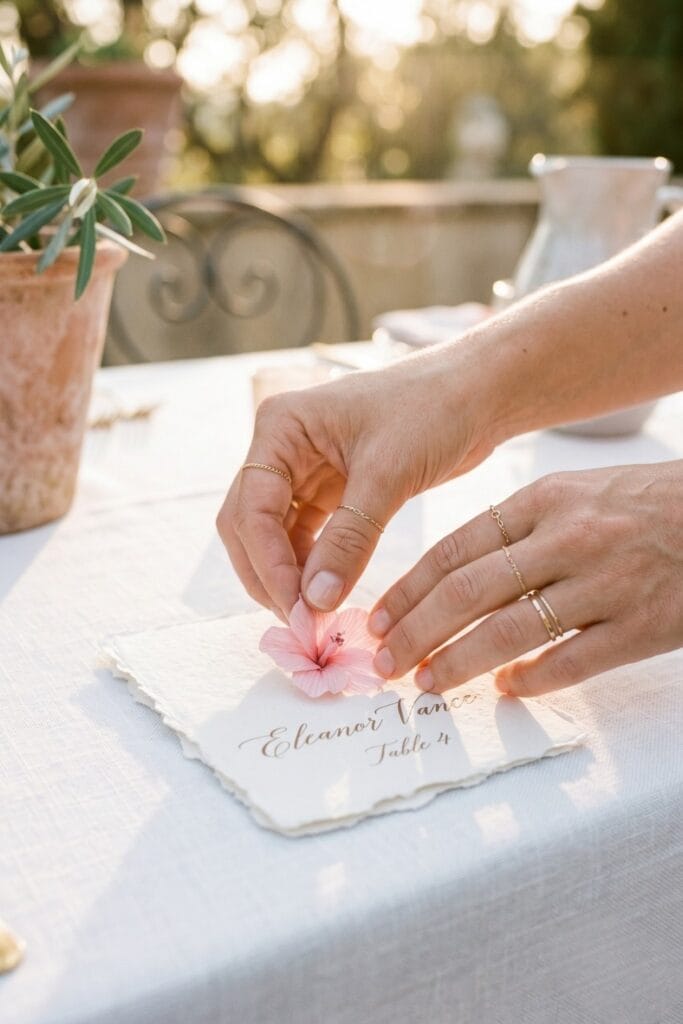 Female artisan hands placing a tiny, delicate paper hibiscus flower onto a raw-edged handmade paper name card on an outdoor table setting.
