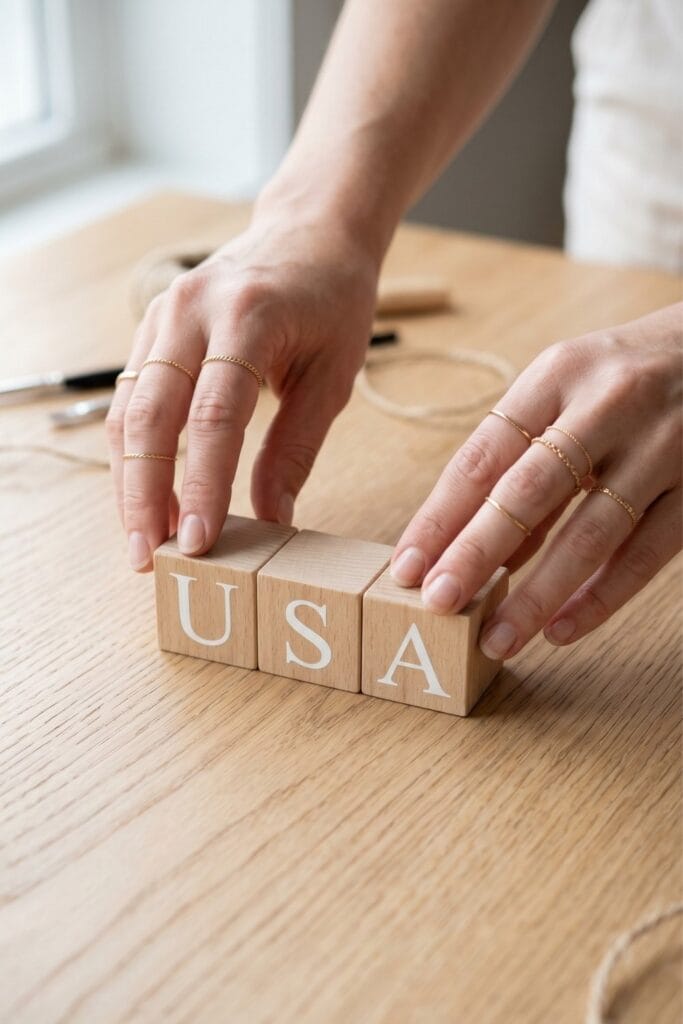 Female artisan hands arranging light oak blocks spelling USA for 4th of July crafts.