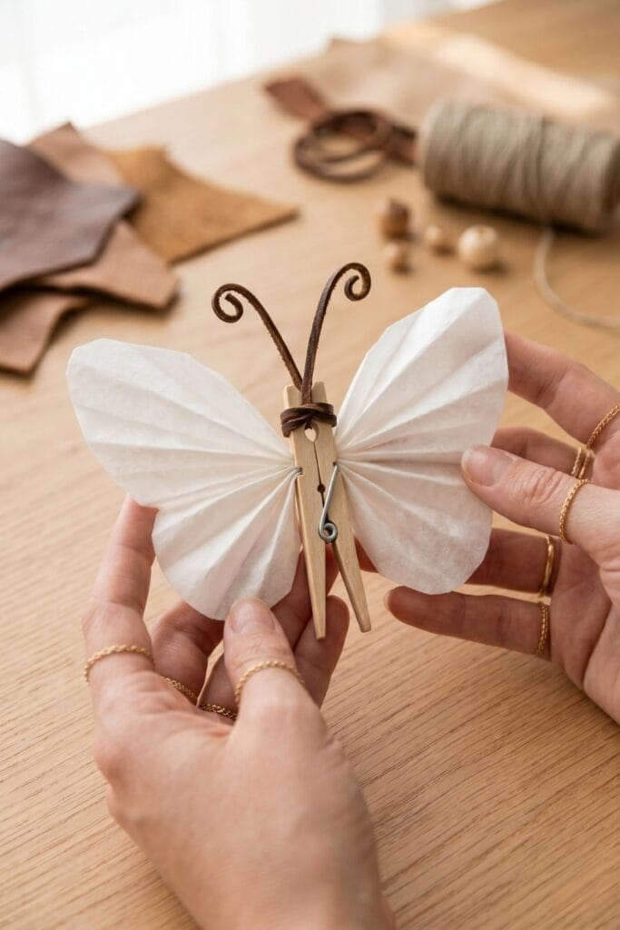 Female artisan hands (gold rings, groom nails) attaching thin brown leather cords to a wooden clothespin pinching the center of a coffee filter butterfly.