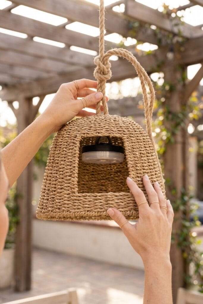 Female artisan hands adjusting a finished outdoor pendant light made from an inverted woven seagrass basket hanging with natural jute rope.