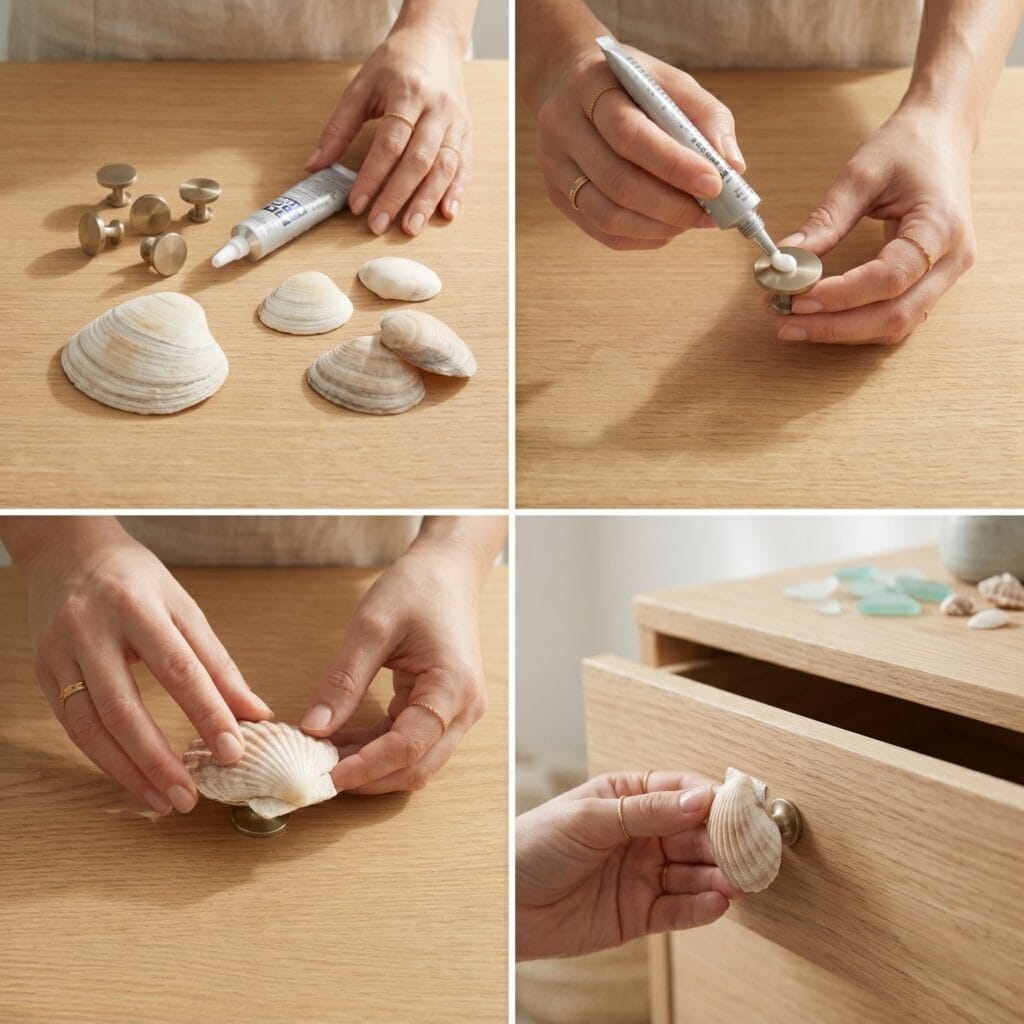 A 2x2 photo grid showing the step-by-step DIY process of gluing sturdy shells onto flat metal knobs to create coastal drawer pulls.