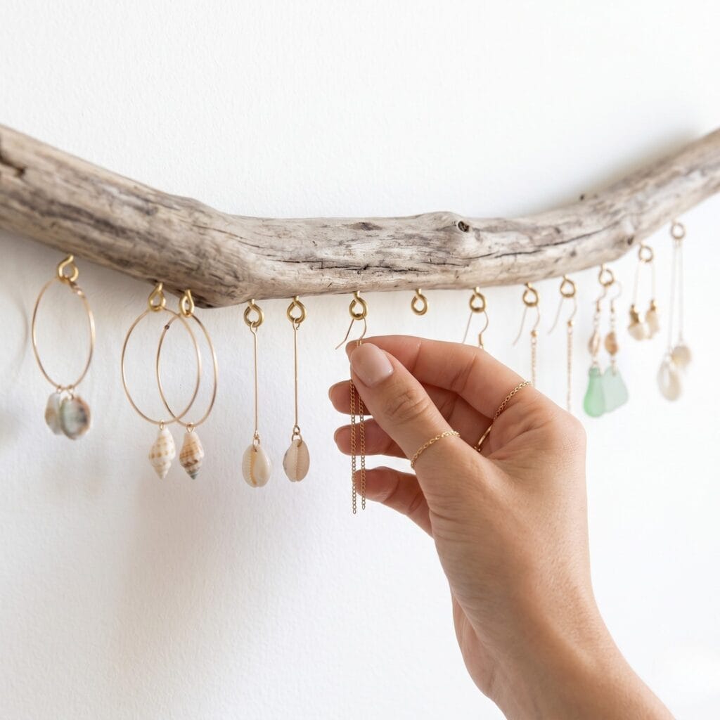 Hands hooking an earring onto a finished driftwood branch holder with brass hooks for organizing statement jewelry.
