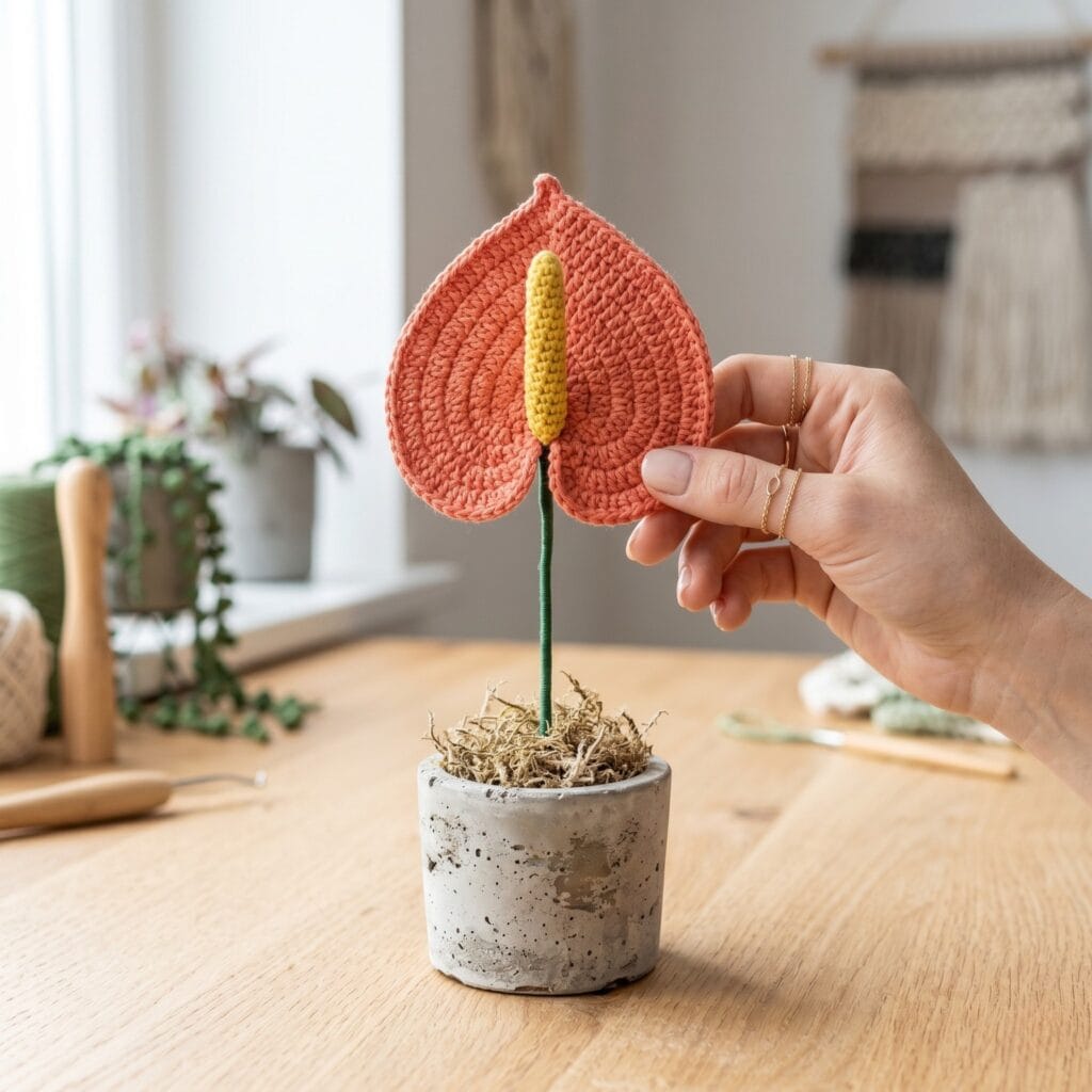 Hands adjusting a spade-shaped coral crochet anthurium plant grounded in a concrete pot.