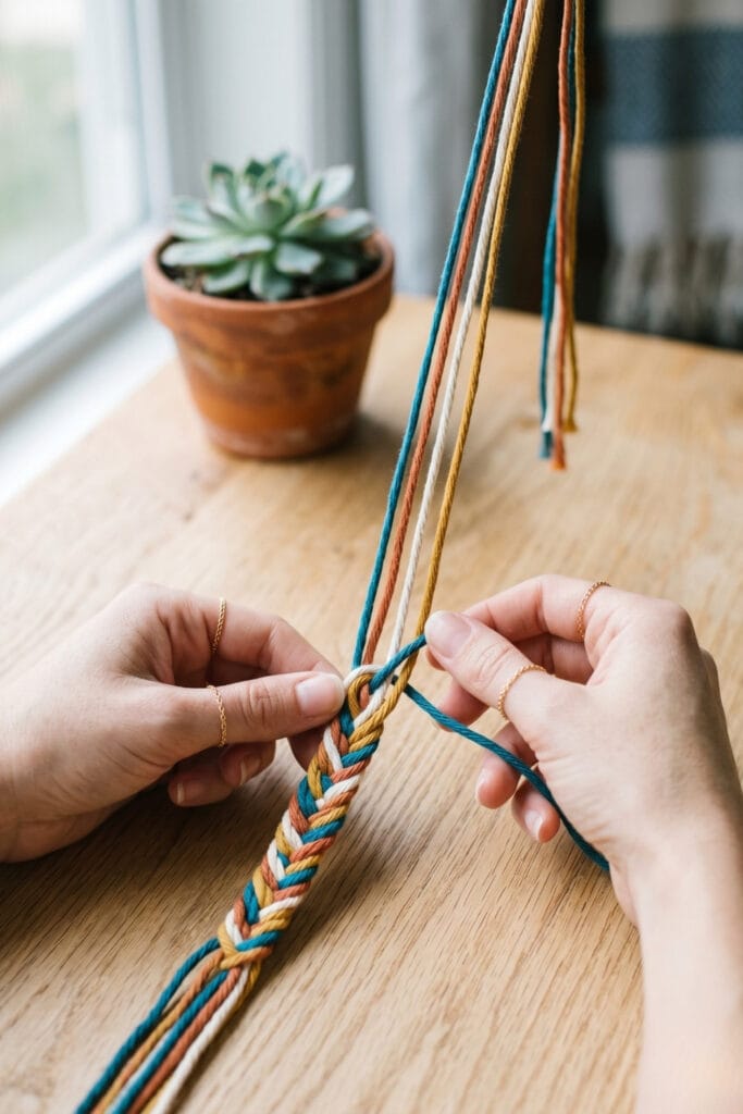 A flat and intricate fishtail pattern being woven for DIY bracelets with string.