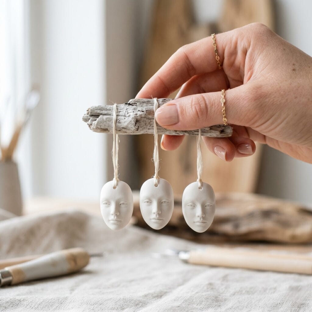 A single hand holding a piece of driftwood displaying three miniature white porcelain clay face masks hanging by silk threads.