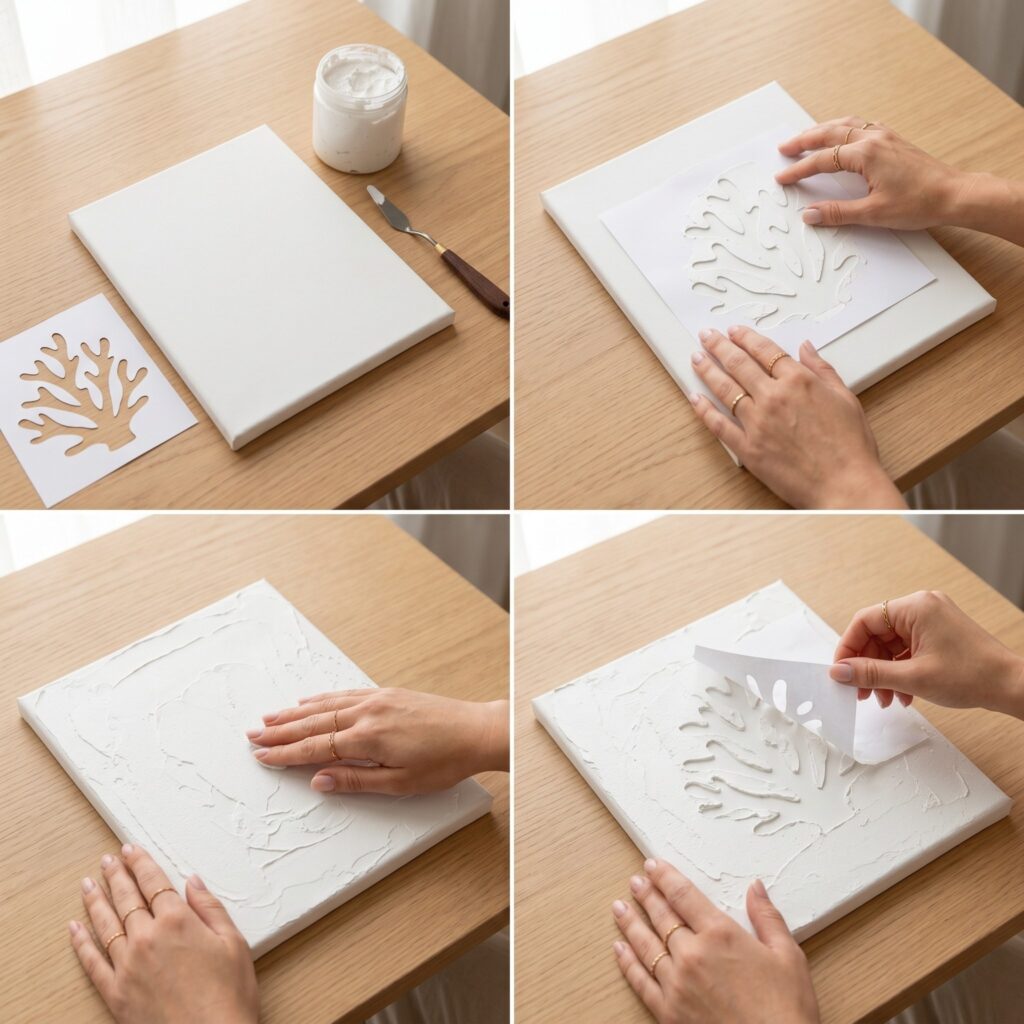 A perfectly square 2x2 photo grid showing the step-by-step DIY process of making modern coral wall art using textured plaster and a paper stencil for negative space.