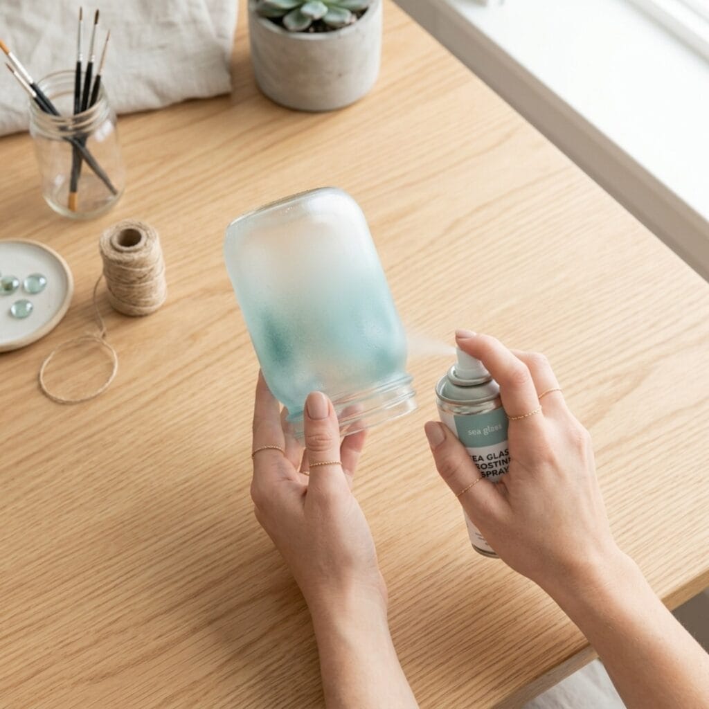 A gentle ombre fade of sea glass paint being applied to a mason jar for a soft coastal decor style.