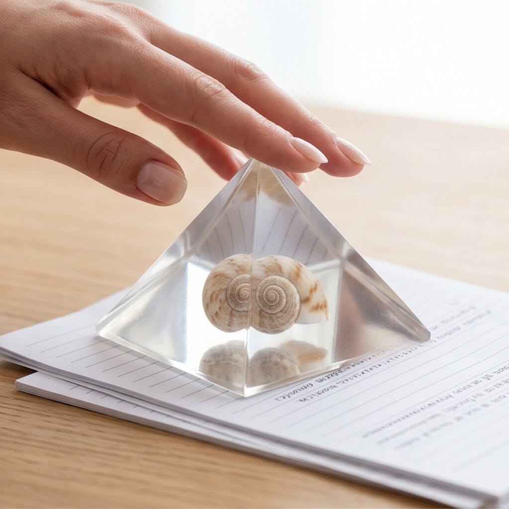 A single hand placing a heavy clear resin pyramid paperweight encasing a seashell onto a stack of documents.