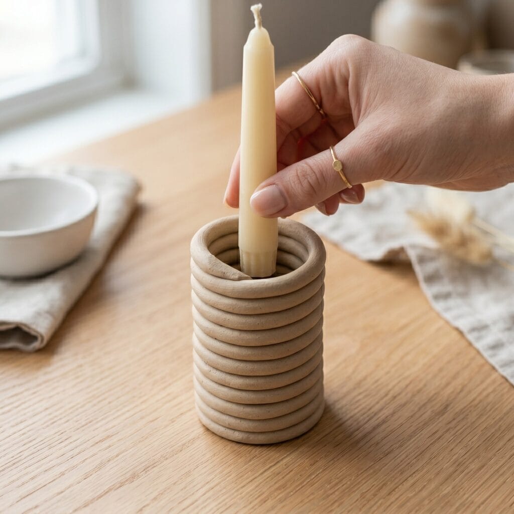A single hand inserting a taper candle into a modern air dry clay pottery candle holder built from a single hand-rolled coiled clay rope spiral.