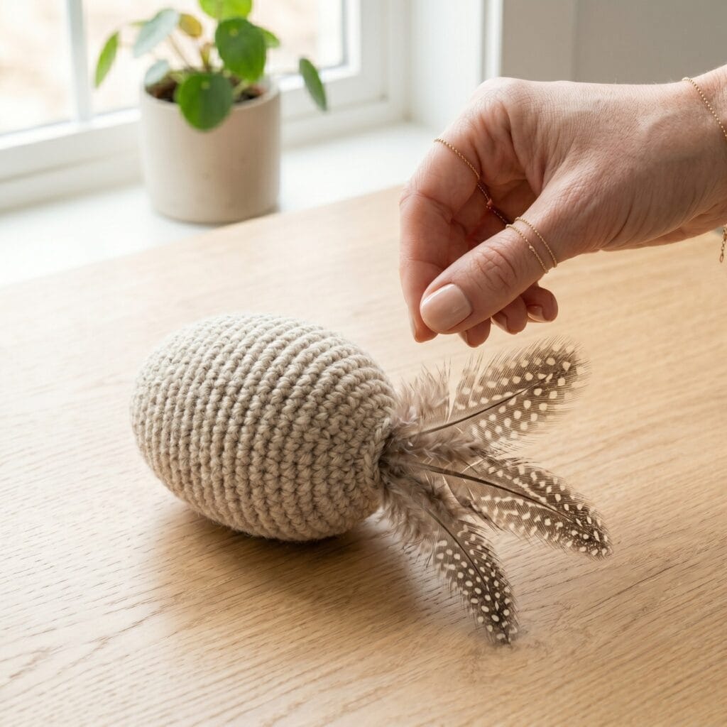 A single hand fluffing the un-dyed feathers of a finished oatmeal wool crochet cat toy on an oak table.