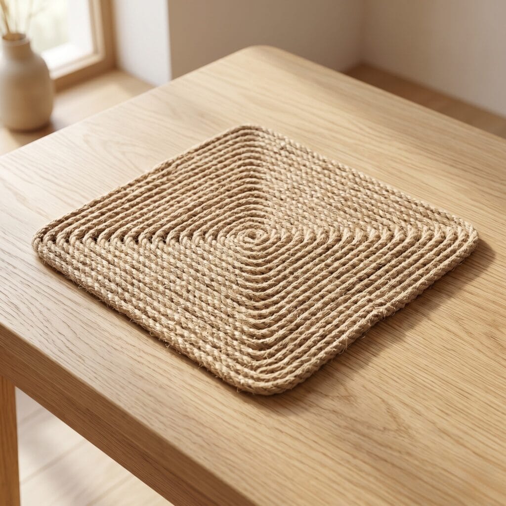 A modern square shaped coaster made from thick coiled jute rope with sharp corners and crisp geometric edges resting on a light wood surface