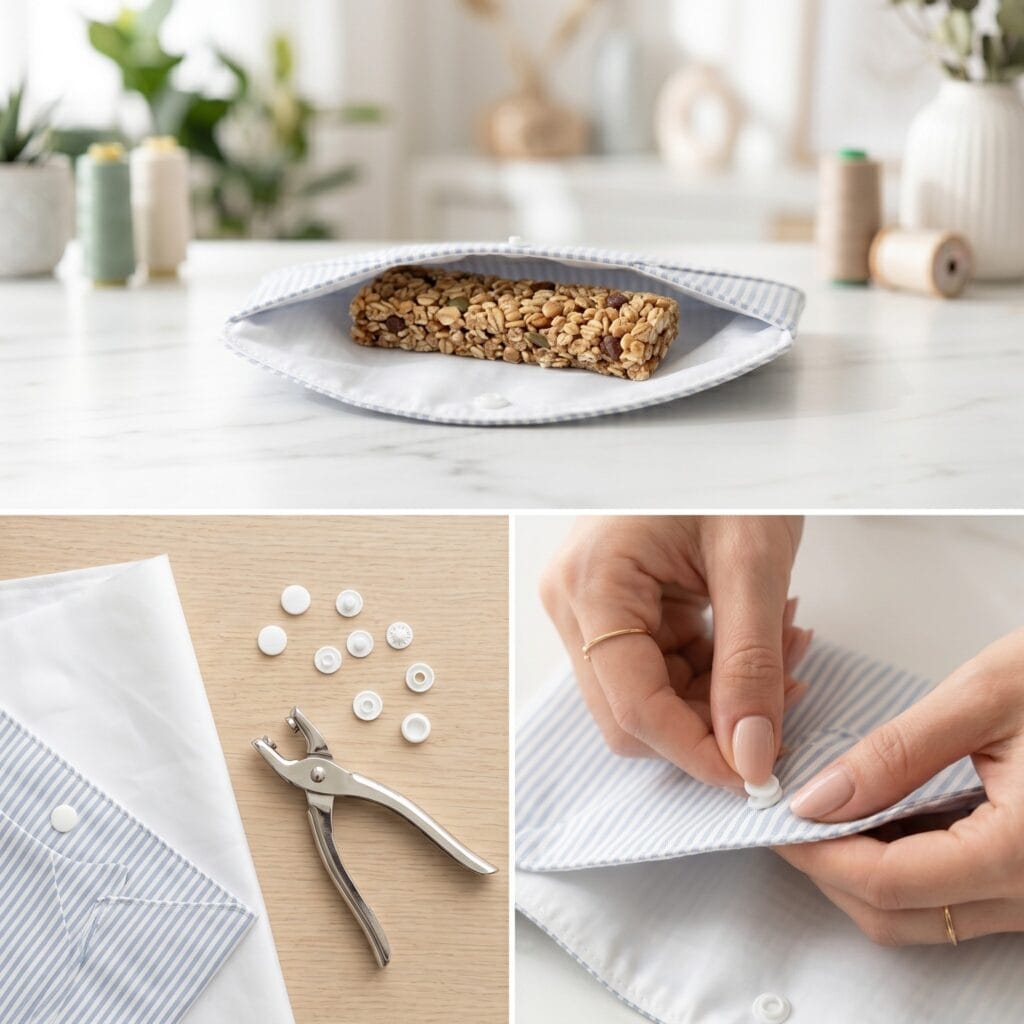 A 3-panel minimalist sewing layout showing soft blue and white striped fabric with white plastic snaps, a manicured thumb pressing a snap closure into the curved flap, and the finished unbuttoned envelope pouch naturally open with a whole granola bar inside.