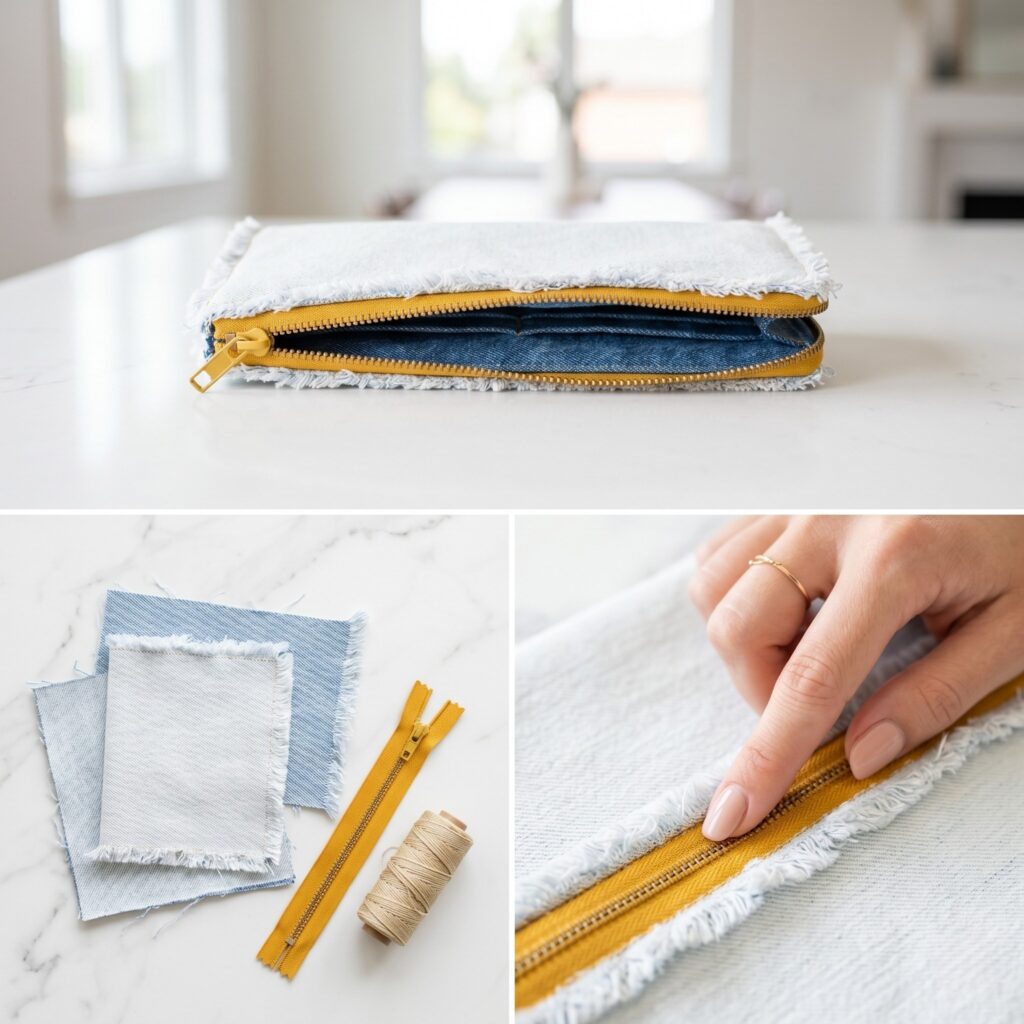 A 3-panel manufacturing grid showing pale inside-out light blue denim scraps with frayed edges, a mustard-yellow metal zipper, and an elegant index finger alignment, beside the finished fringed zippered pouch showing its dark blue lining inside.