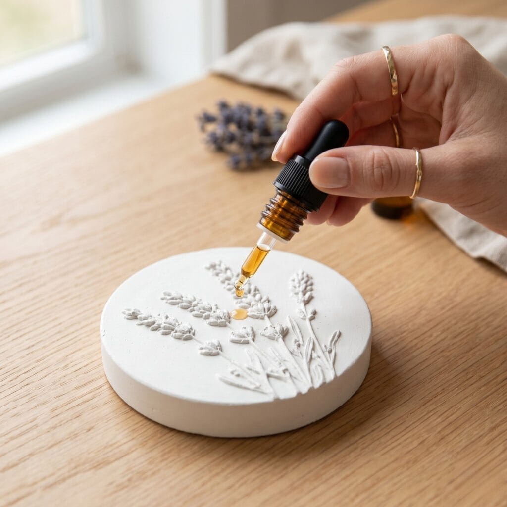 A manicured hand dropping essential oil onto a thick round white plaster diffuser stone featuring a high-relief pressed lavender sprig design.