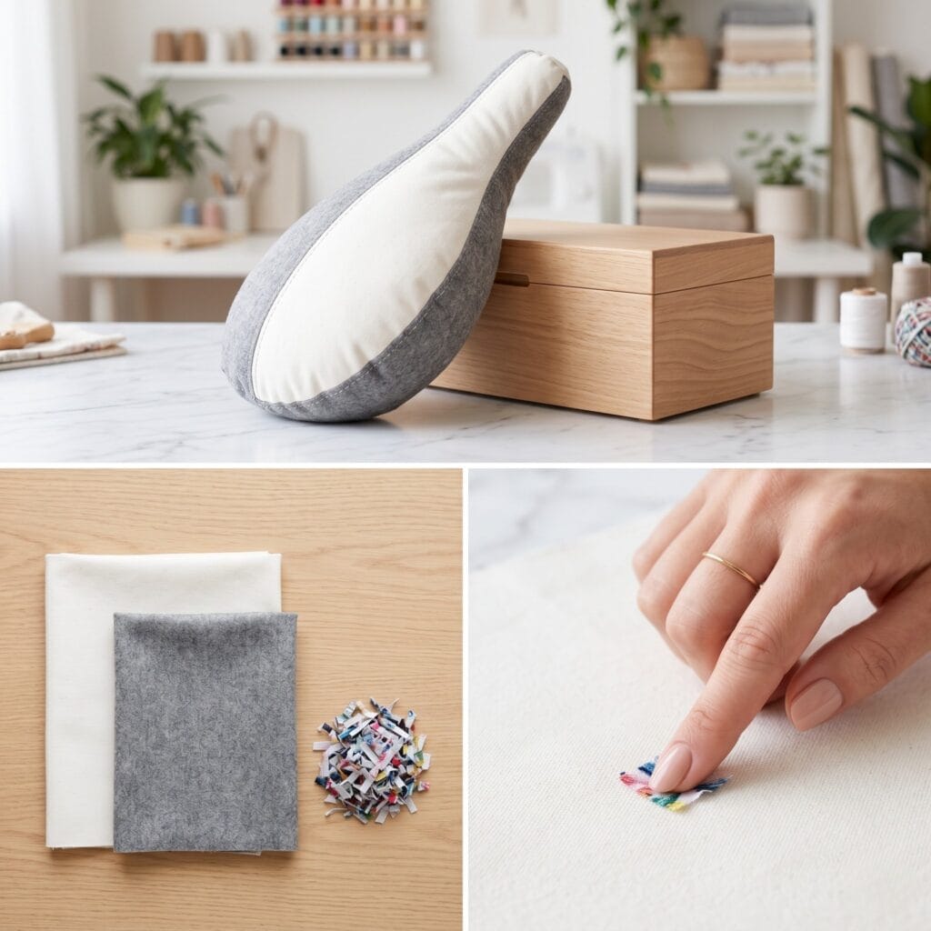 A 3-panel craft layout showcasing white canvas, grey wool, shredded fabric scraps, a hand pressing a tiny scrap, and a finished plump tailor's ham leaning safely against a minimalist wooden sewing box.