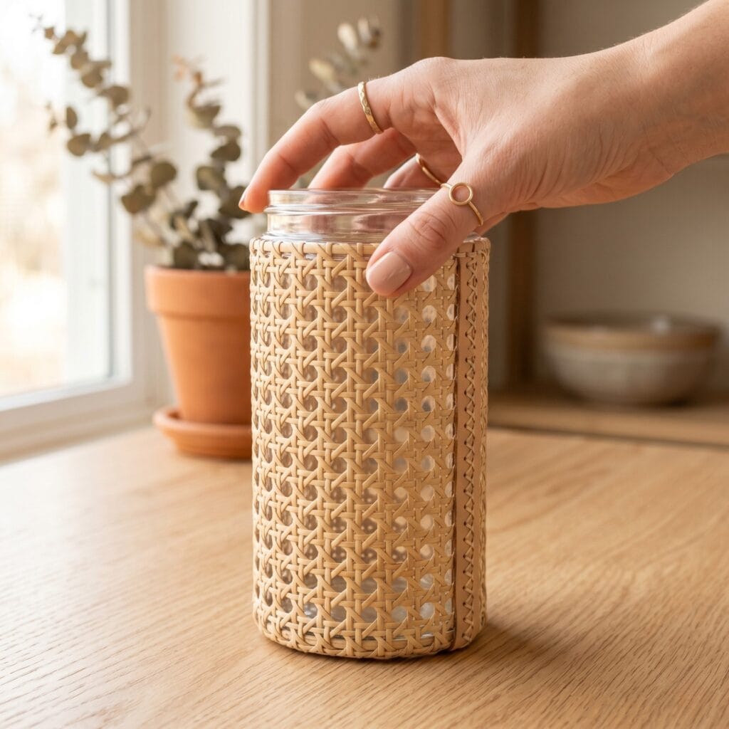 A manicured hand holding a minimalist woven rattan cane vase created from an upcycled glass jar and cane webbing.