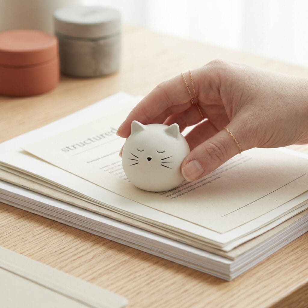 A single hand placing a finished tiny white spherical clay cat figurine onto a stack of desk documents to act as a paperweight.