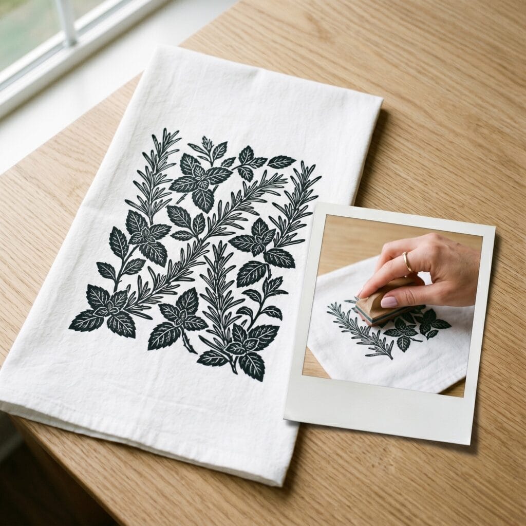A sophisticated apothecary style white tea towel decorated with intricate jet black fabric ink prints resembling highly detailed botanical rosemary and mint herb sprigs