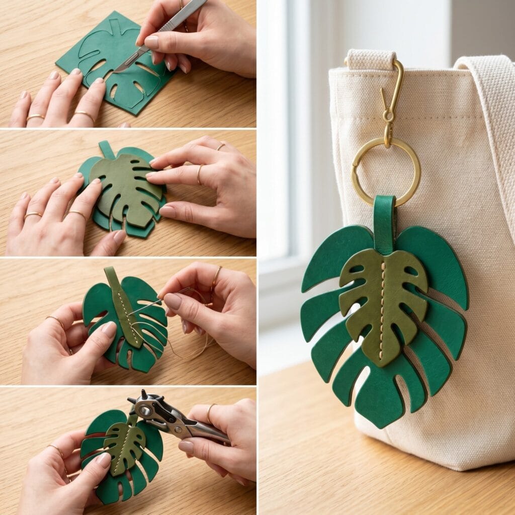 Tutorial showing emerald and olive green leather monstera leaf shapes layered together with a clean stitched central vein.
