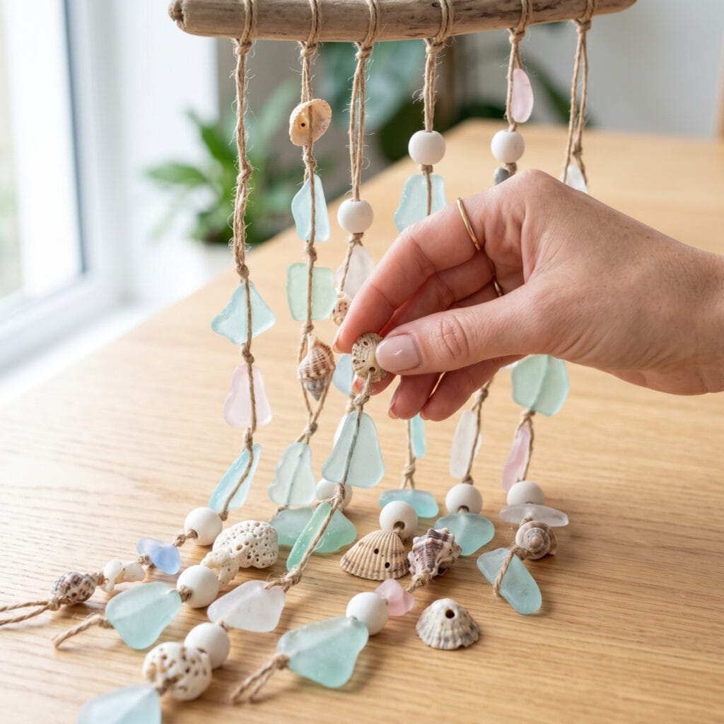A bohemian sea glass wind chime strung with tiny ocean shells and unglazed white porcelain beads.