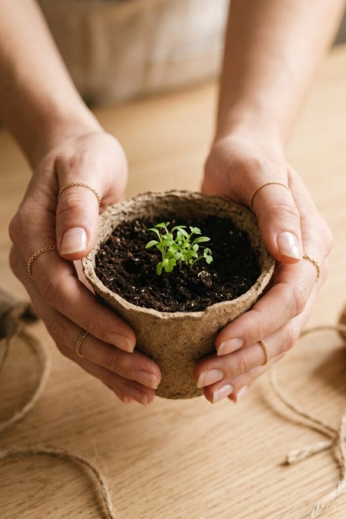 Female artisan hands gently holding a completed spring daycare crafts project: a cardboard egg carton cup filled with rich soil and tiny green spring sprouts.